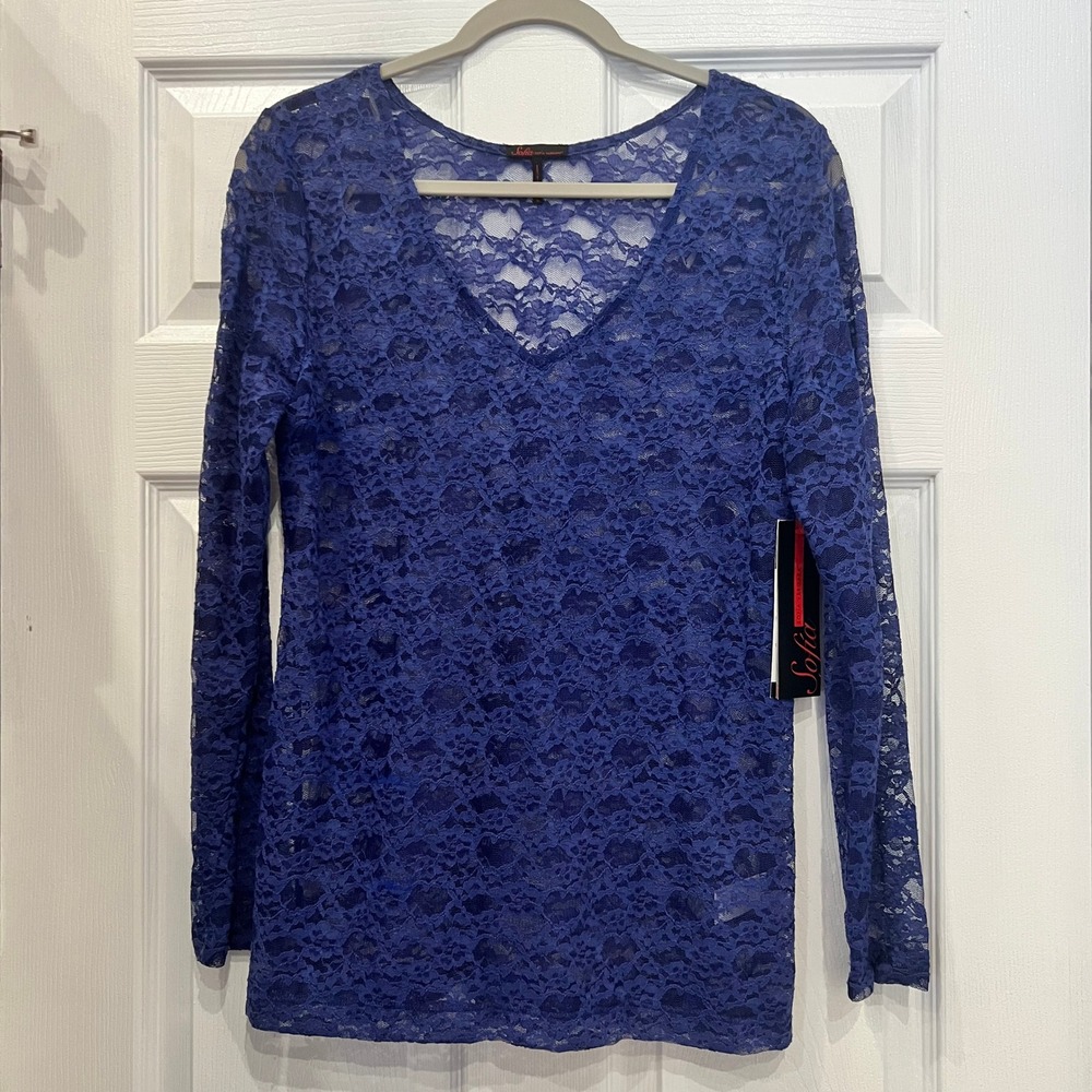 Sofia Vergara Top Nylon Spandex Ultra Blue Floral Lace Sheer Romantic V-Neck L